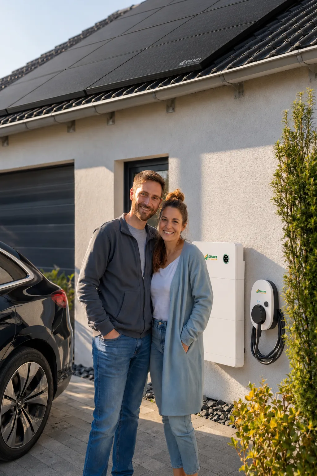 Paar mit Wallbox, Elektroauto und Photovoltaik am Einfamilienhaus