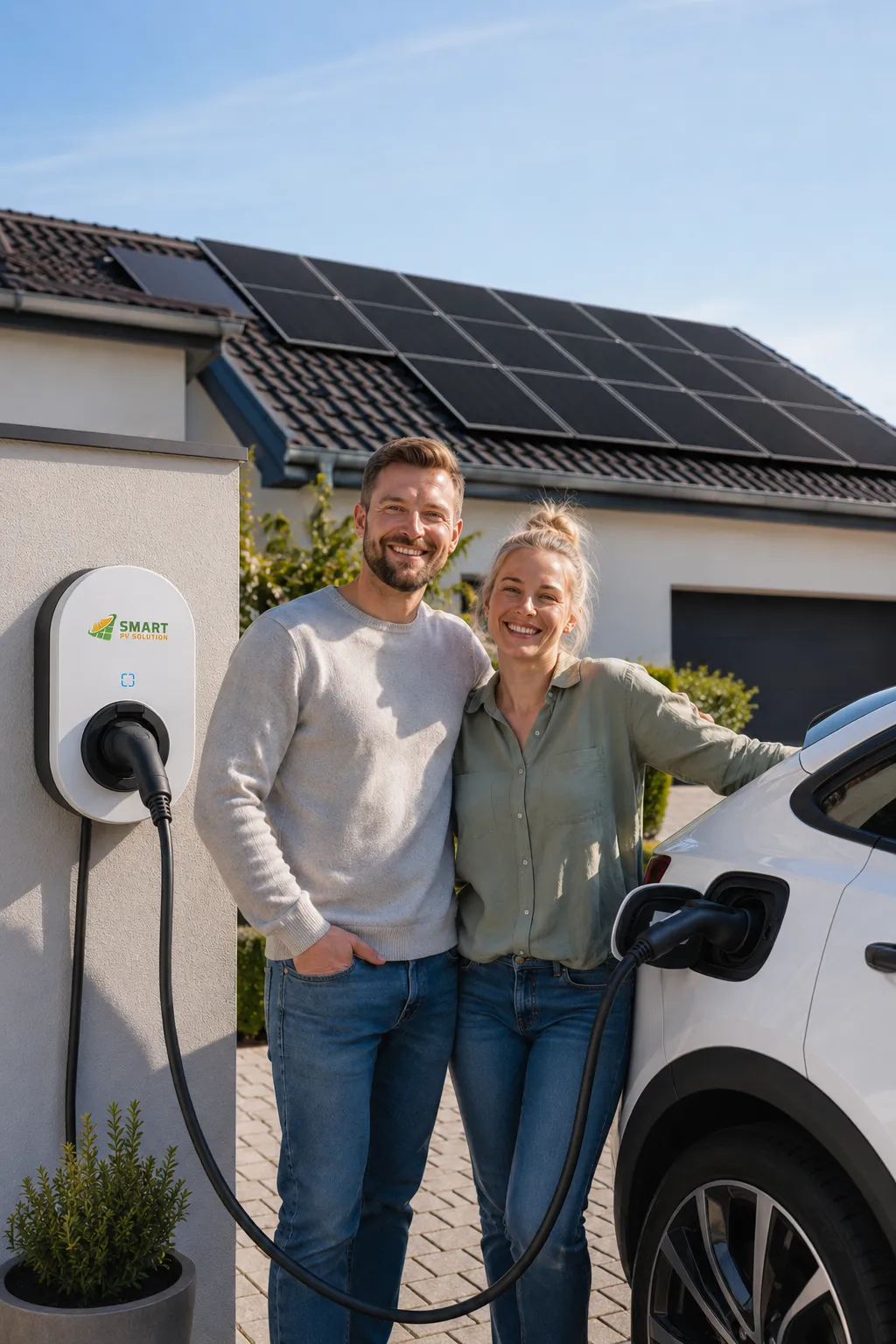 Paar beim Ladevorgang eines Elektroautos mit Wallbox und Photovoltaikanlage