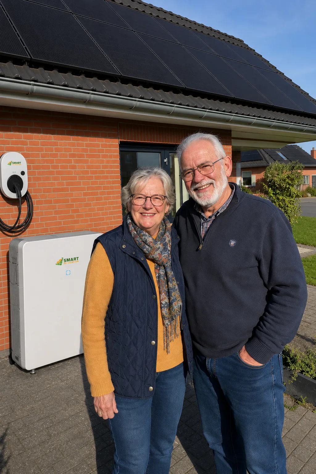Seniorenpaar mit Wallbox, Stromspeicher und Photovoltaikanlage