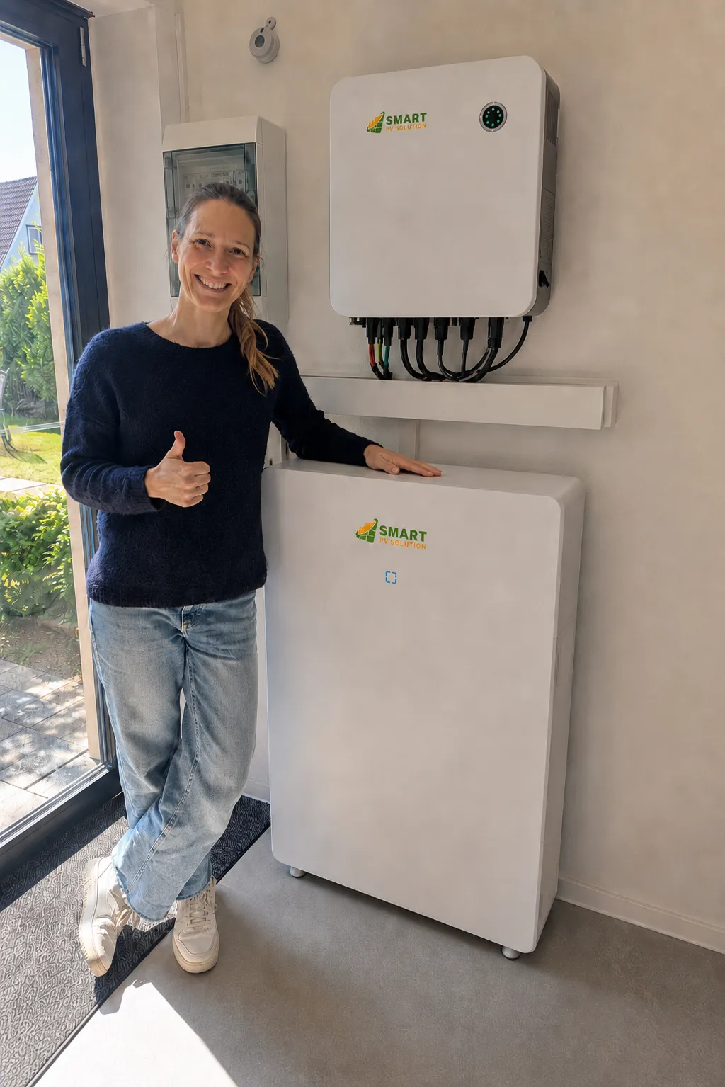 Zufriedene Kundin im Technikraum mit Stromspeicher und Wechselrichter