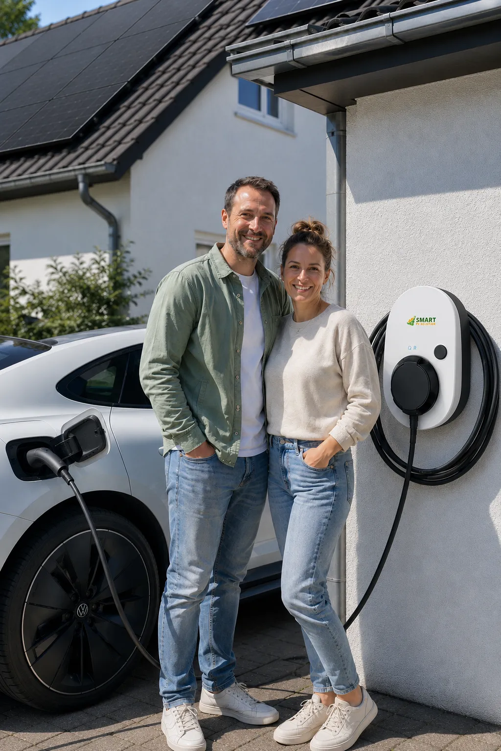 Zufriedenes Paar mit Wallbox, Elektroauto und Solaranlage