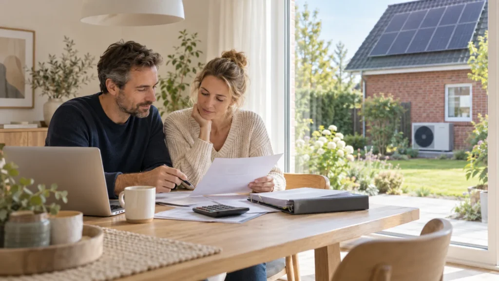 Paar prüft am Esstisch Förderunterlagen, durchs Fenster sind ein Haus mit Solaranlage und eine Wärmepumpe zu sehen