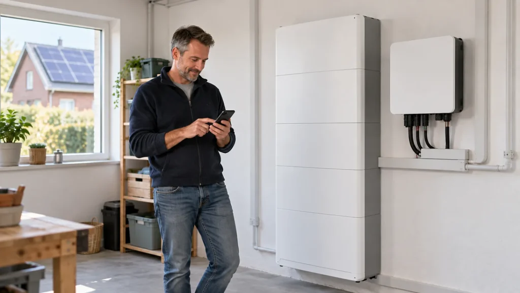Hausbesitzer schaut im Hauswirtschaftsraum auf sein Smartphone, daneben ein modularer Batteriespeicher und ein Wechselrichter an der Wand