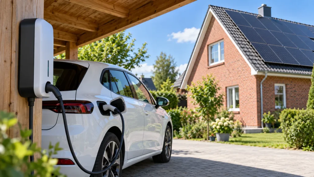 Weißes Elektroauto lädt an einer Wallbox unter dem Carport, im Hintergrund ein Klinkerhaus mit Photovoltaikanlage